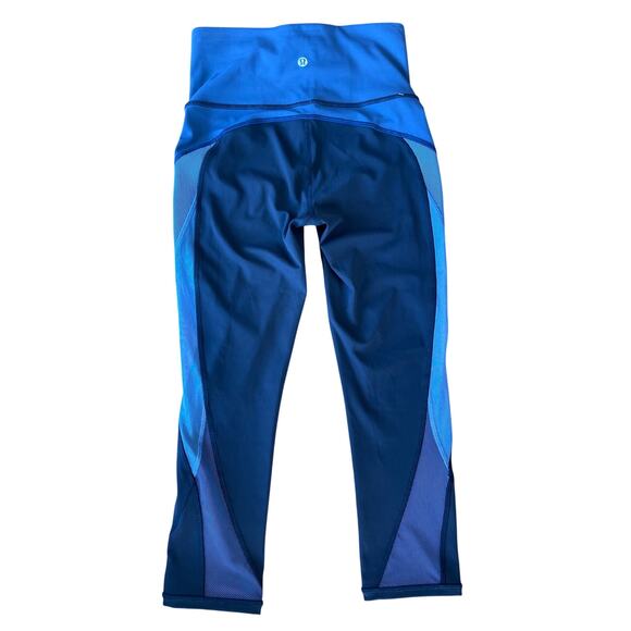 Lululemon Blue Colorblock High Rise Leggings Size 4 Mesh Panels Yoga Casual - Picture 1 of 8